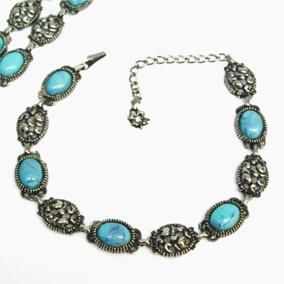 VTG Turquoise BRACELET & NECKLACE Choker Set Turqurenite Stone & Silver Plate - Picture 2 of 6